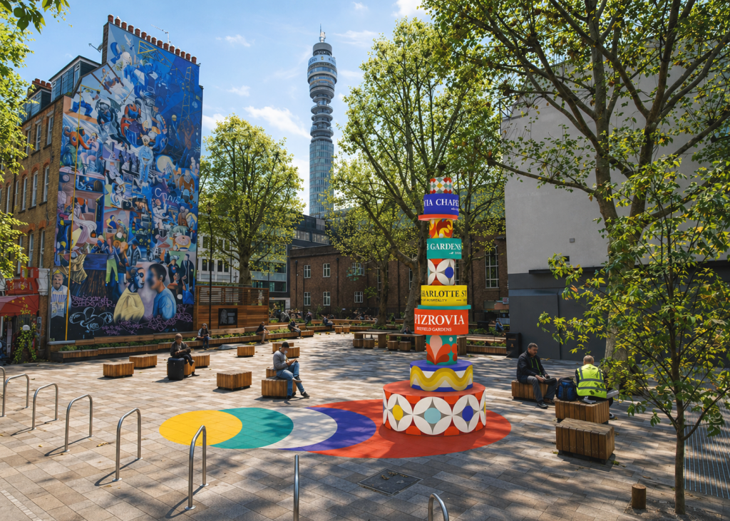 Graphic showing brightly coloured totum infront of warren street station